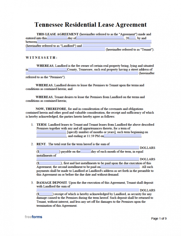 Printable Free Tennessee Rental Lease Agreement Templates Pdf Word
