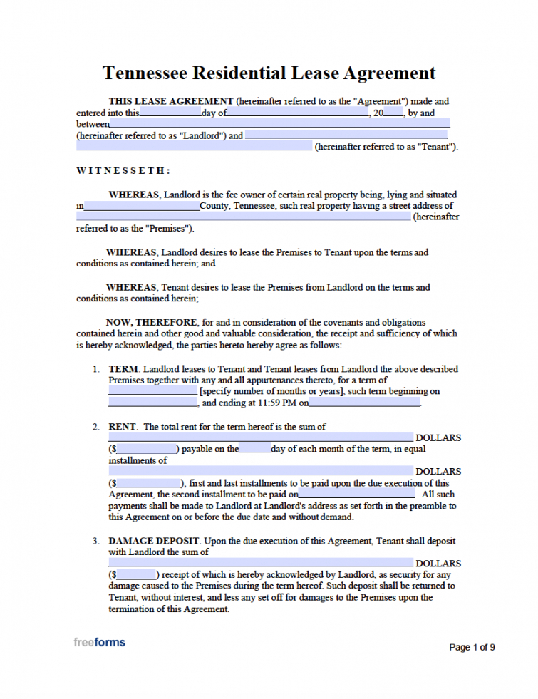 printable free tennessee rental lease agreement templates  pdf  word rental agreement template tennessee sample
