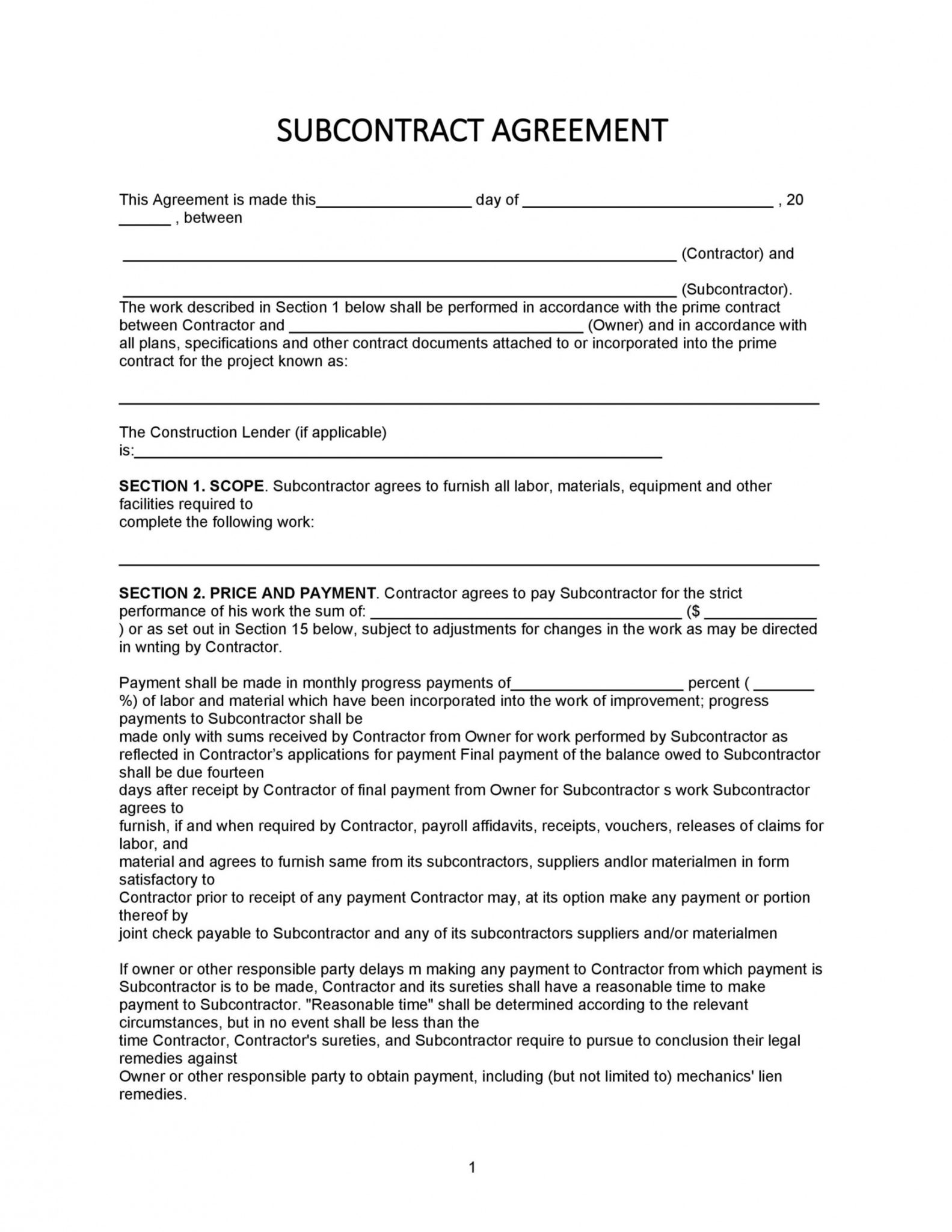 Printable Free Subcontractor Agreement Template Word