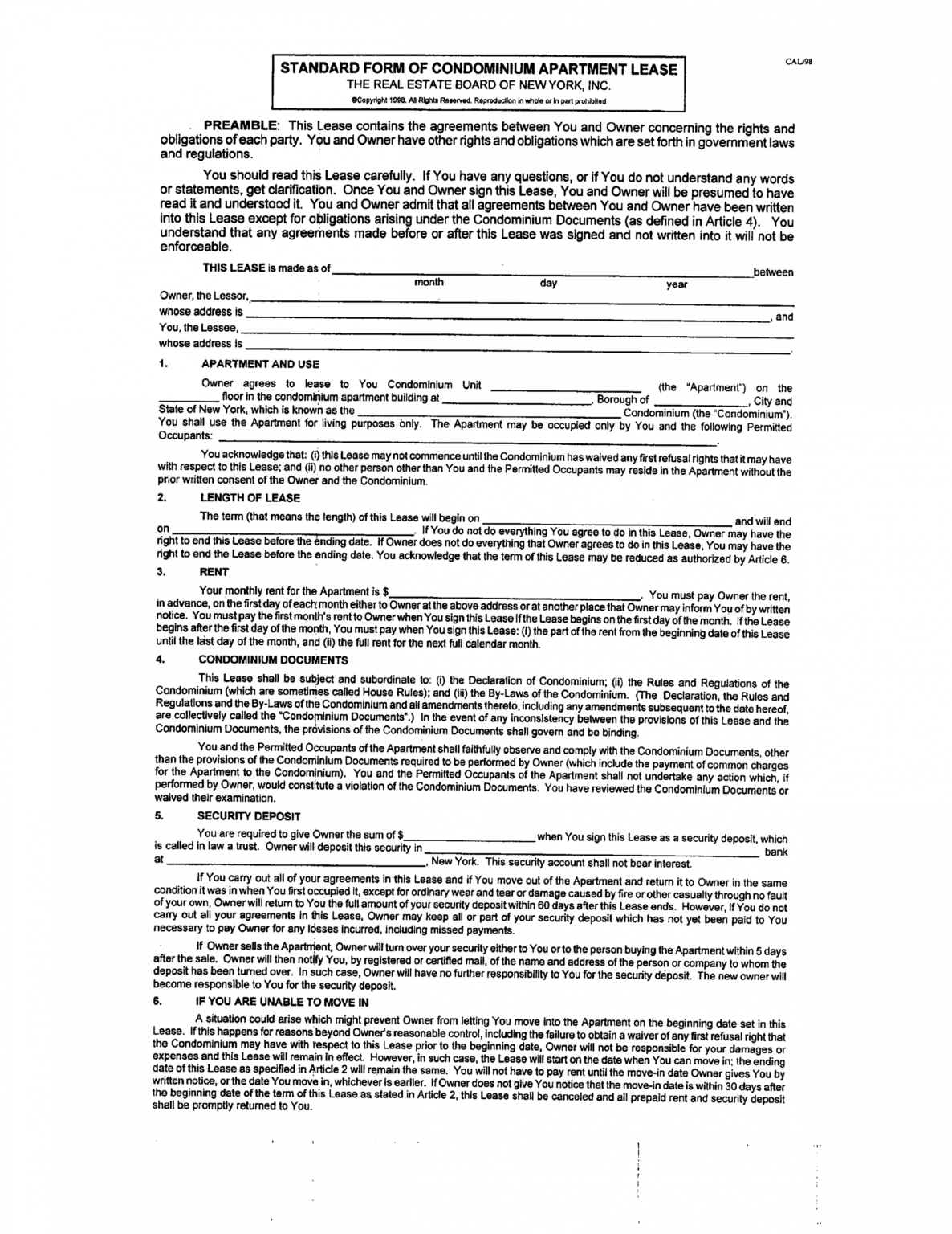 printable standard form of condominium lease agreement free download