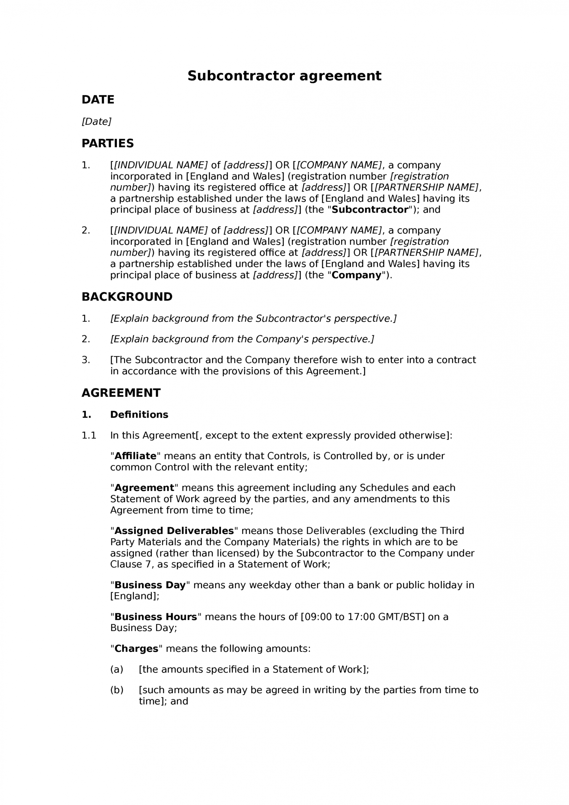 printable subcontractor framework agreement standard  docular framework agreement template doc