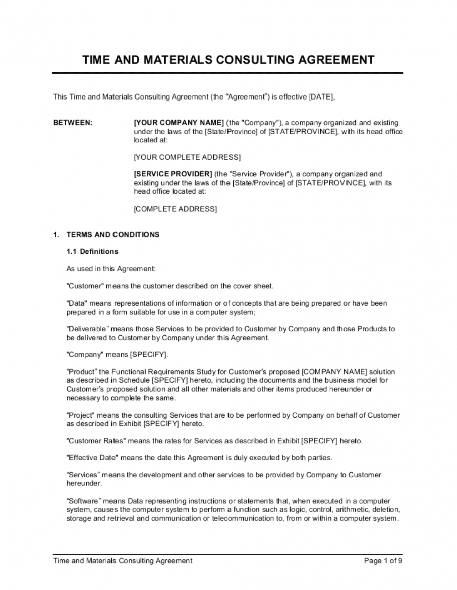 Printable Time And Materials Consulting Agreement Template Time And