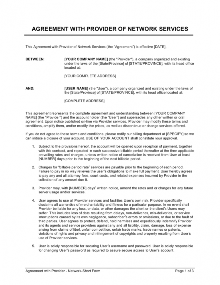 Sample Agreement With Provider Of Network Services Template Service ...