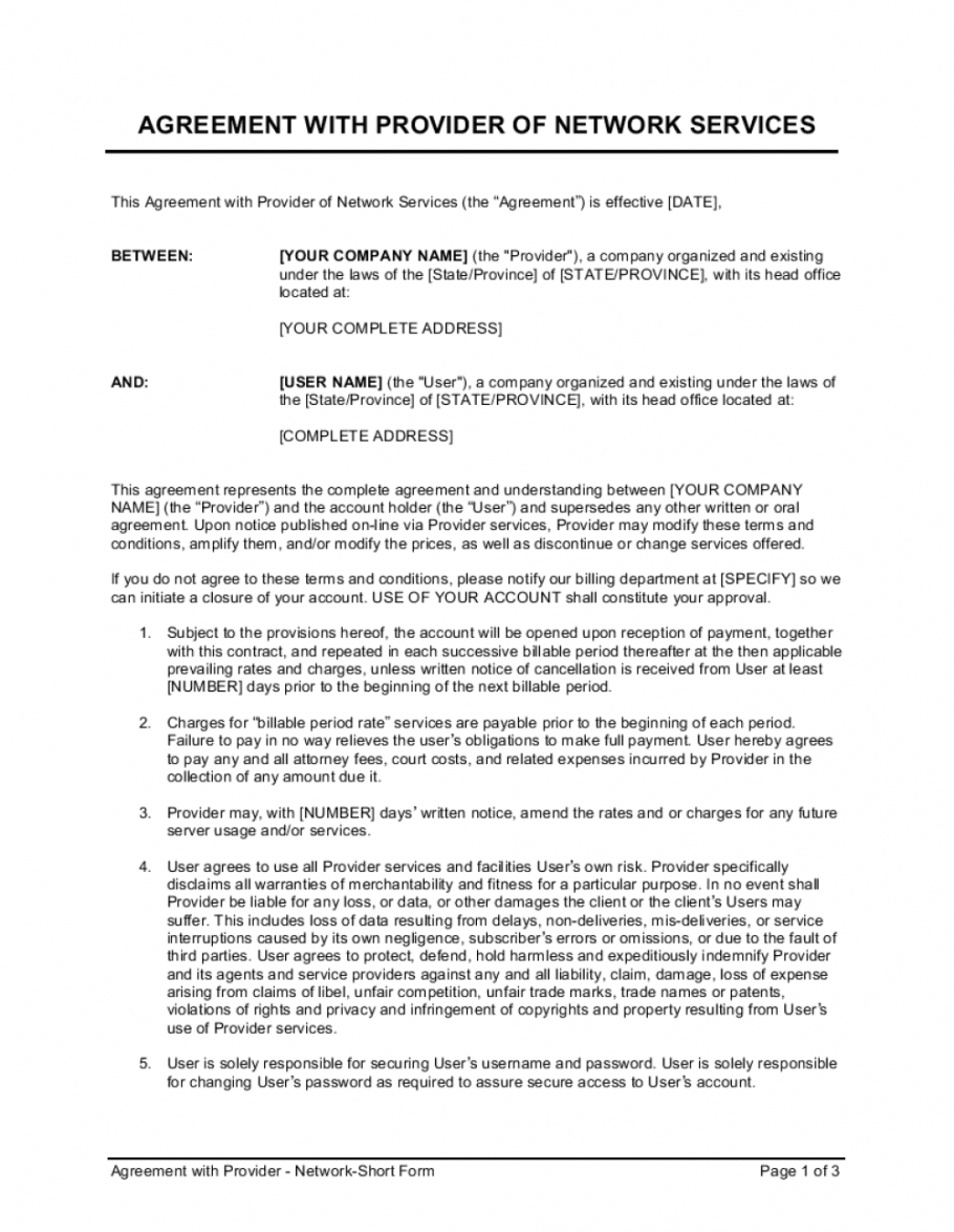 Sample Agreement With Provider Of Network Services Template Service Provider Agreement Template