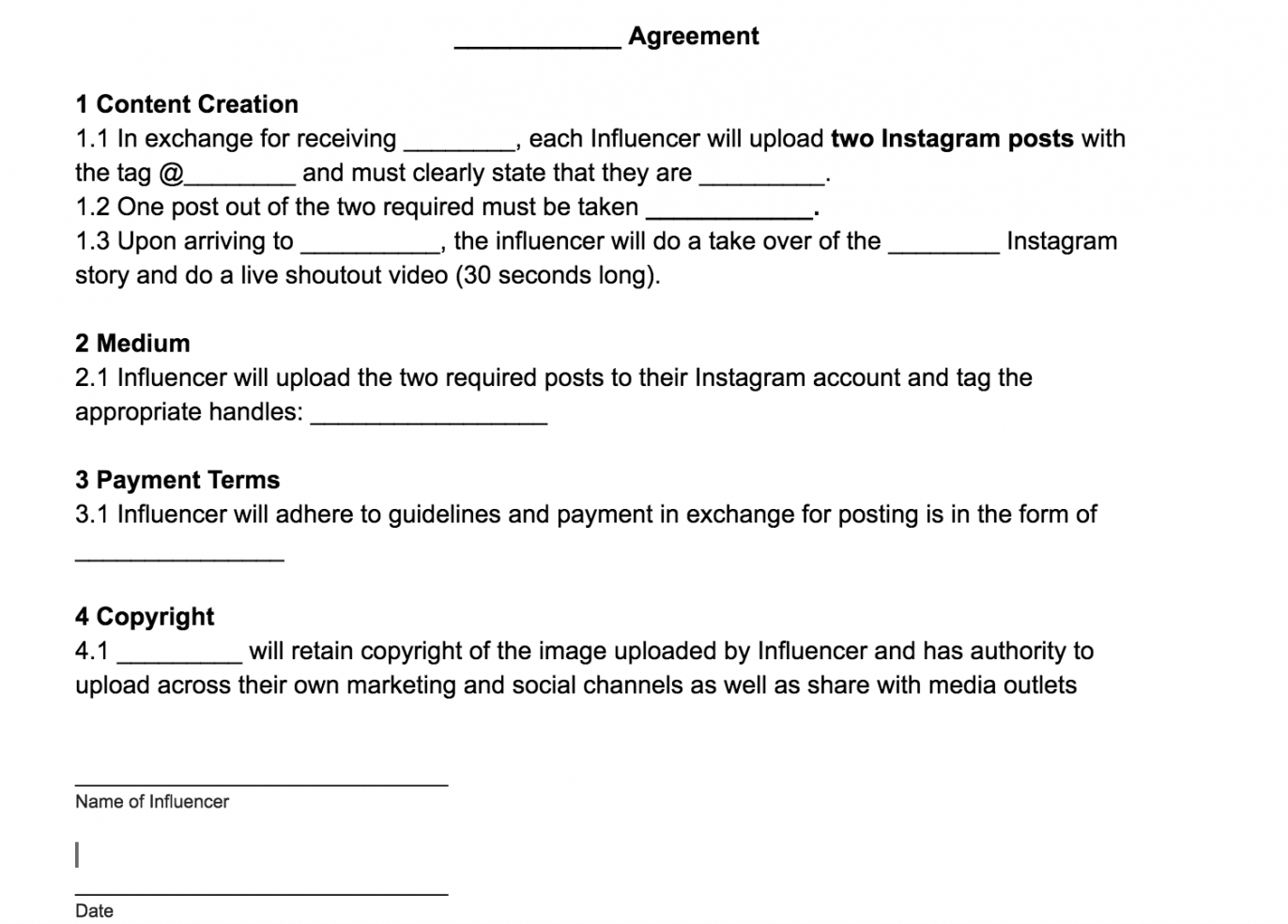 sample influencerblogger agreement template free download social media influencer agreement template example