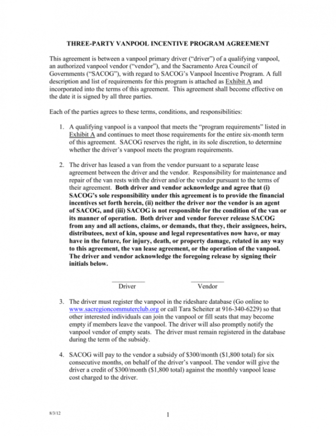 Sample Vanpool Incentive 3Party Agreement Three Party Agreement