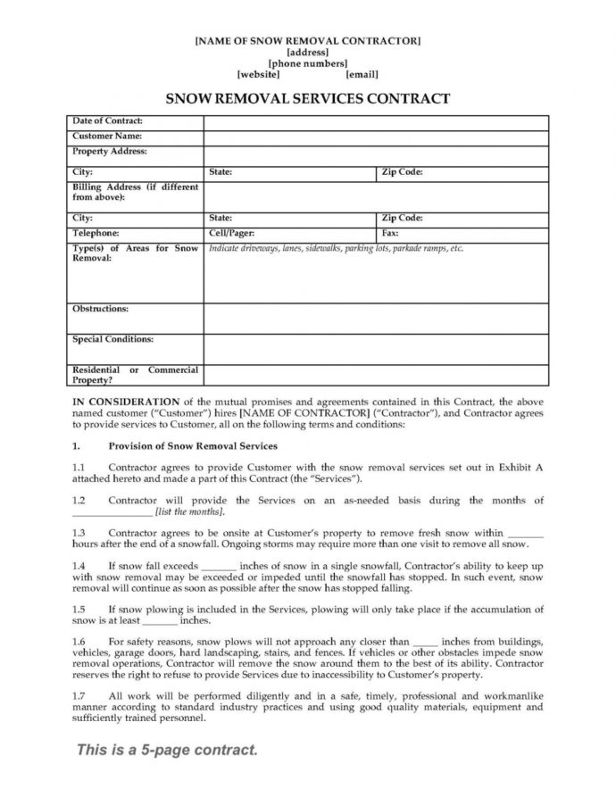 Snow Removal Contract Form Snow Removal Agreement Template Sample 