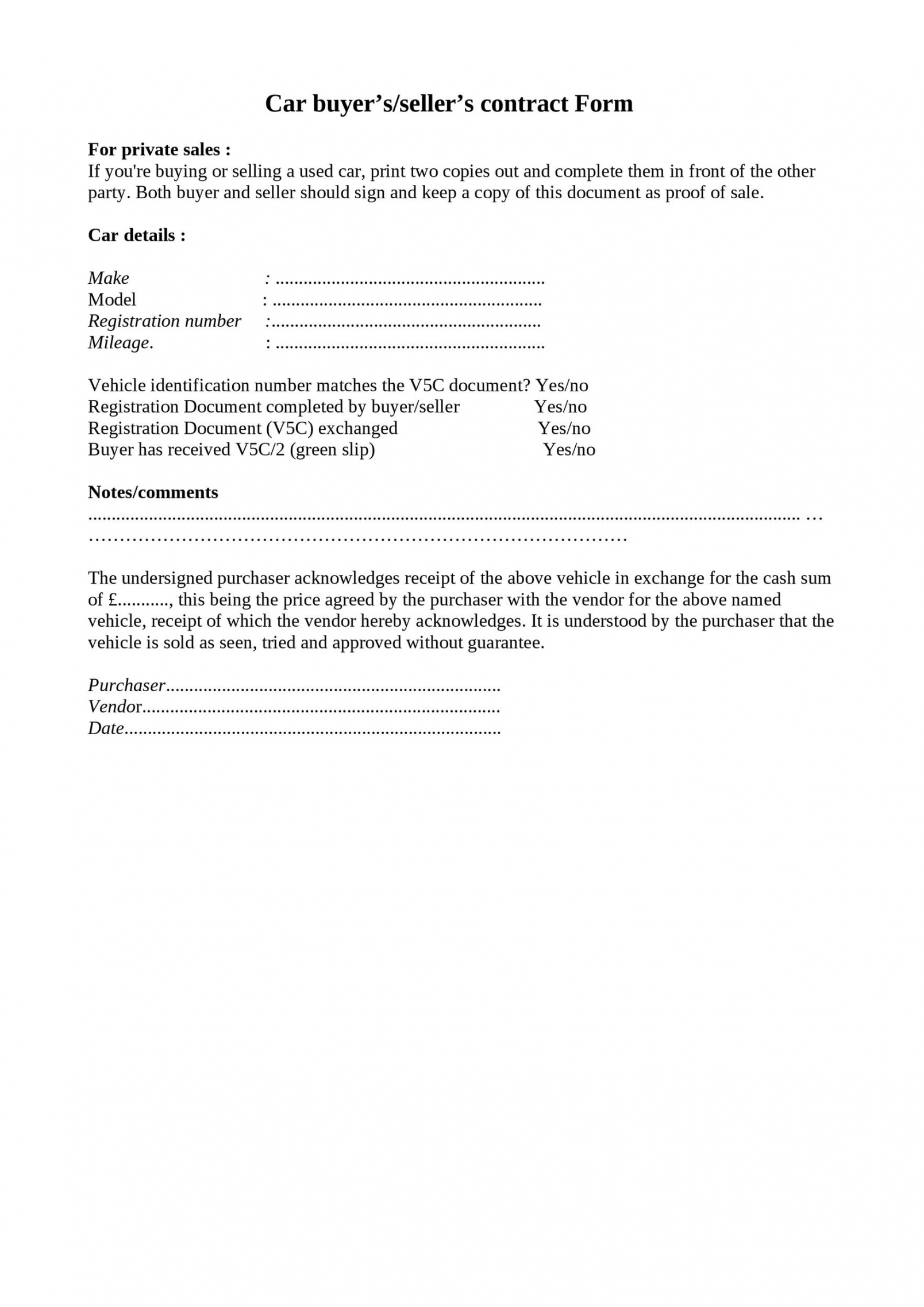 Free Printable Purchase Agreement For Car