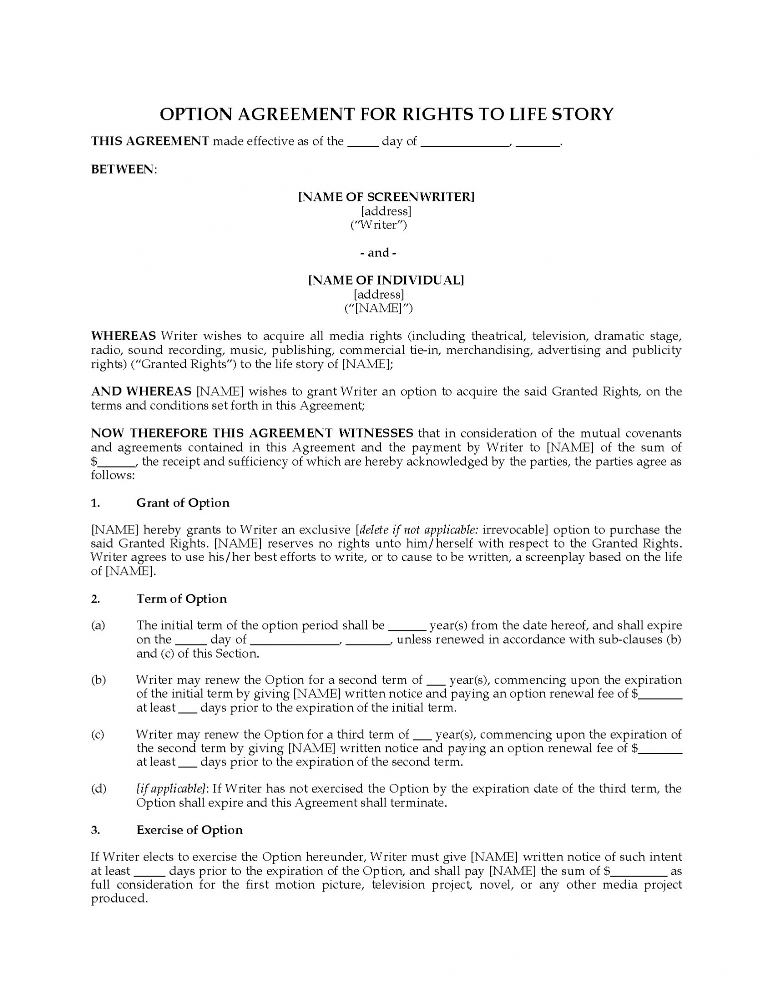 Screenplay Option Agreement Template