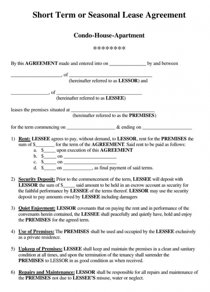 Printable Free Shortterm Rental Lease Agreement Templates ...