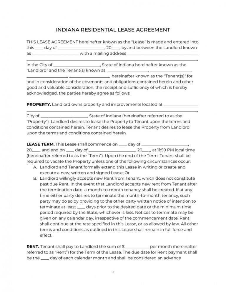 Printable Indiana Residential Lease Agreement 2020 Pdf & Word Apartment Rental Agreement