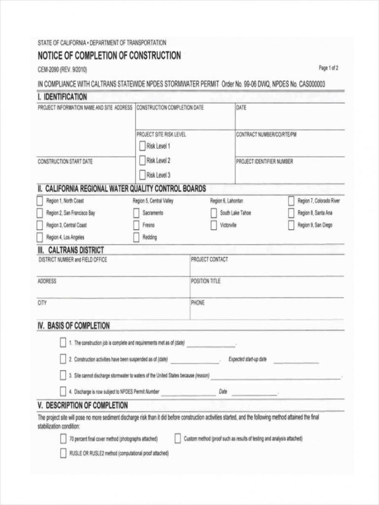 Editable Free 6 Notice Of Completion Forms In Ms Word Pdf Completion Of