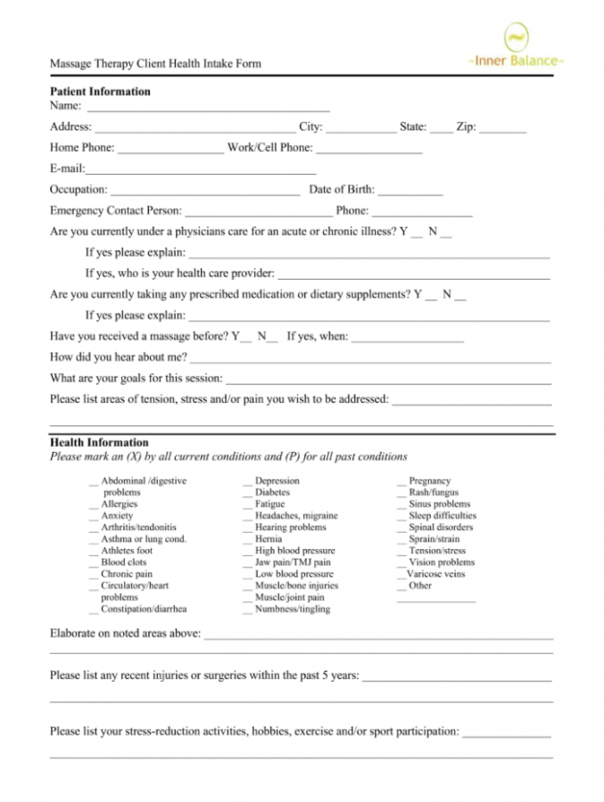 Editable New Patient Intake Form Massage Fill Online Printable Massage Therapy Client Intake