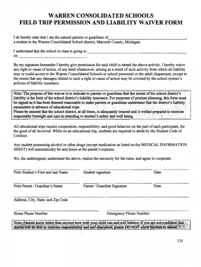 Printable Field Trip Permission Slip Template