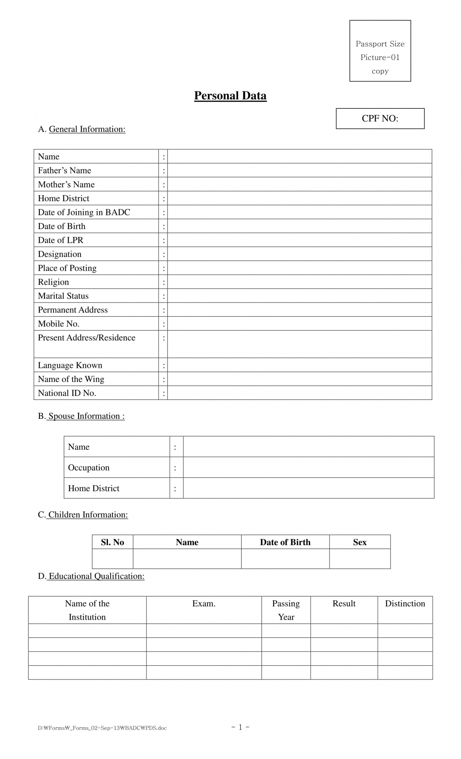 Personal Data Sheet Pdf Editable