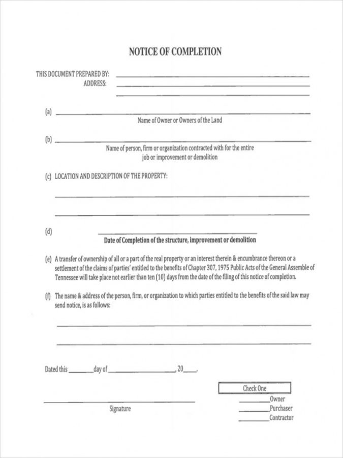 Free Free 6 Notice Of Completion Forms In Ms Word Pdf Completion Of ...