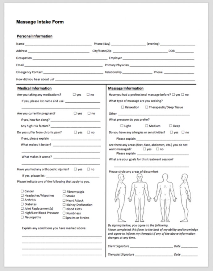 Spa Intake Form Template 