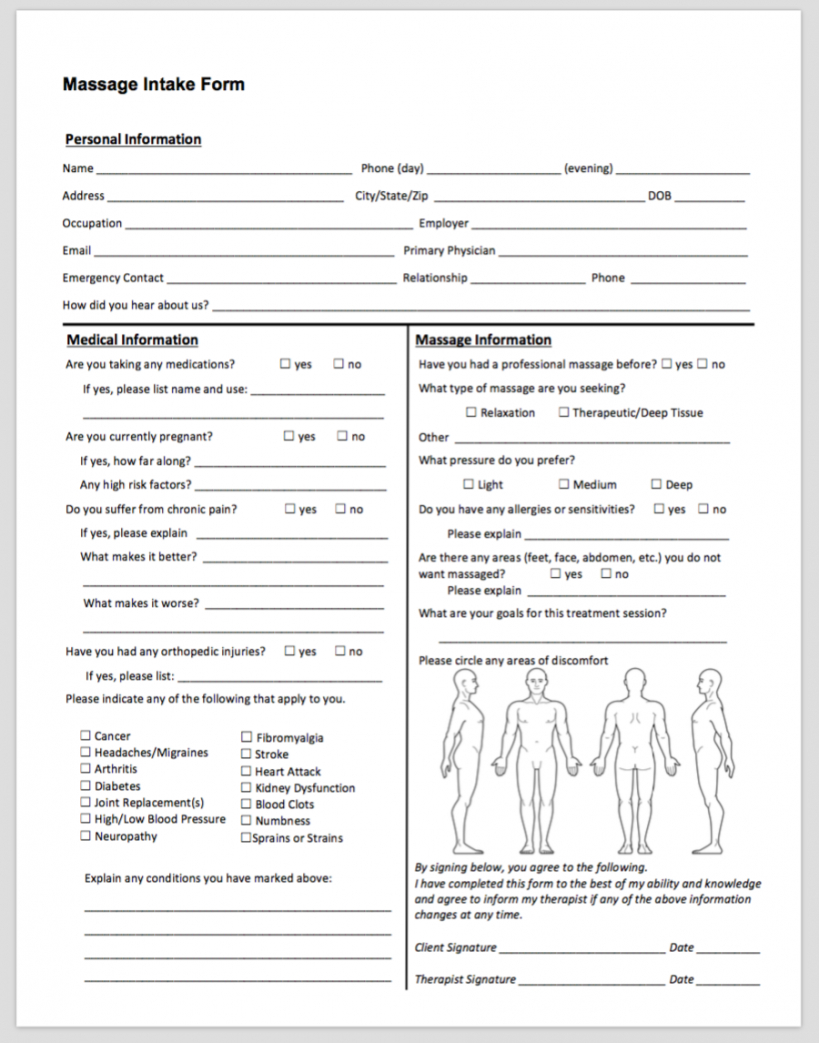 free free forms  my massage world massage therapy client intake form template doc