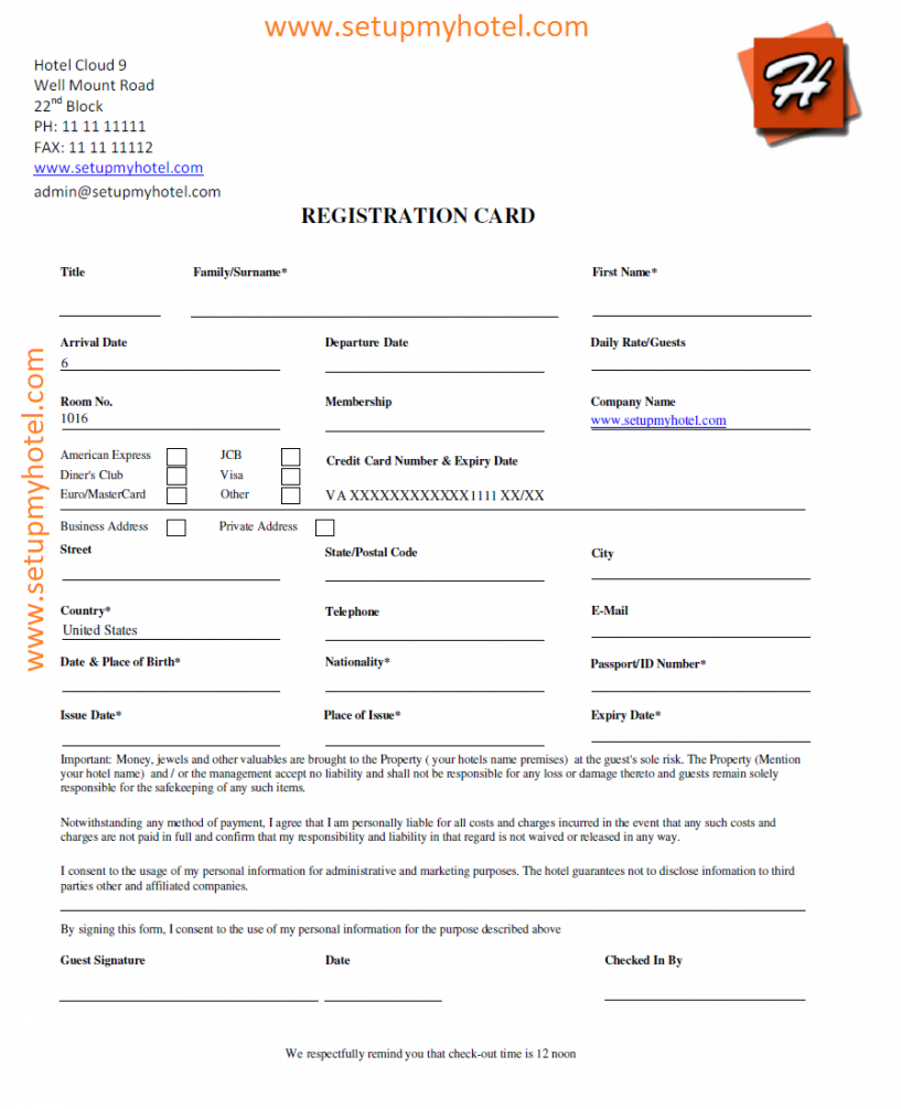 front desk  guest registration card sample hotel application form template doc