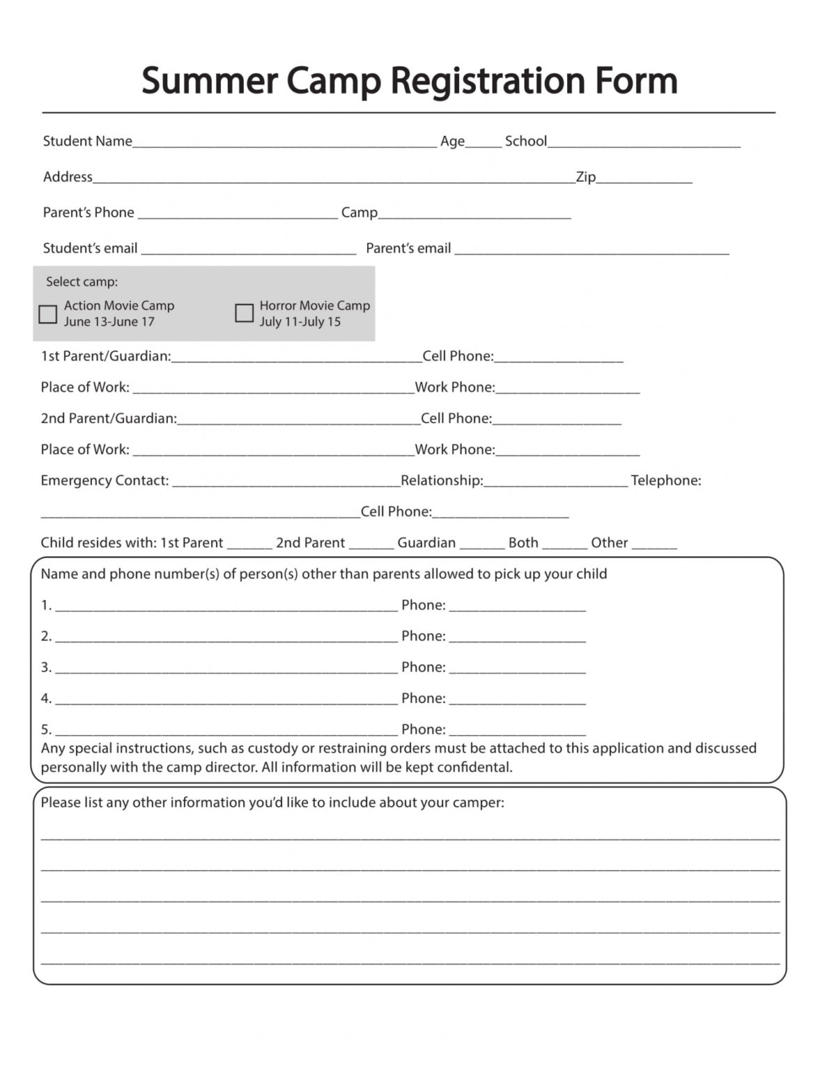 Printable Free 11 Printable Summer Camp Registration Forms In Pdf
