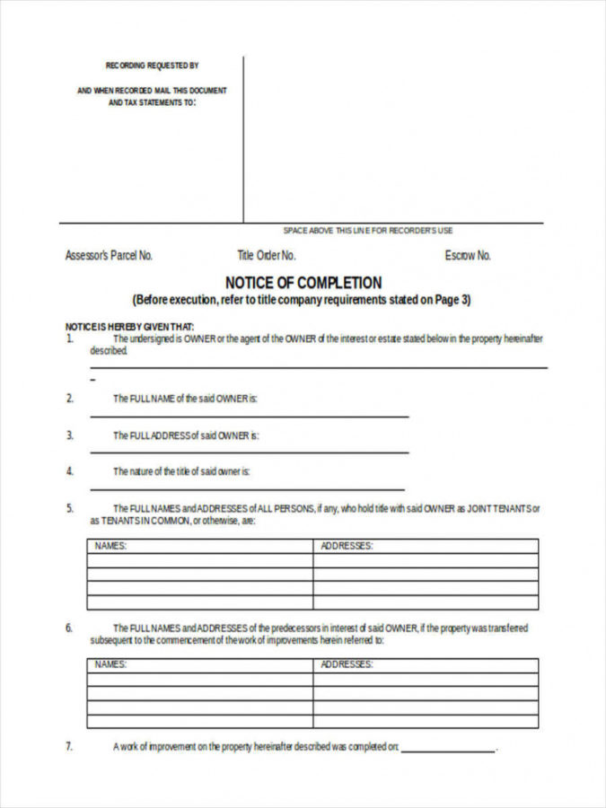 Printable Free 6 Notice Of Completion Forms In Ms Word Pdf Completion ...