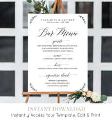 printable wedding bar menu sign calligraphy dinner menu poster wedding buffet menu template excel