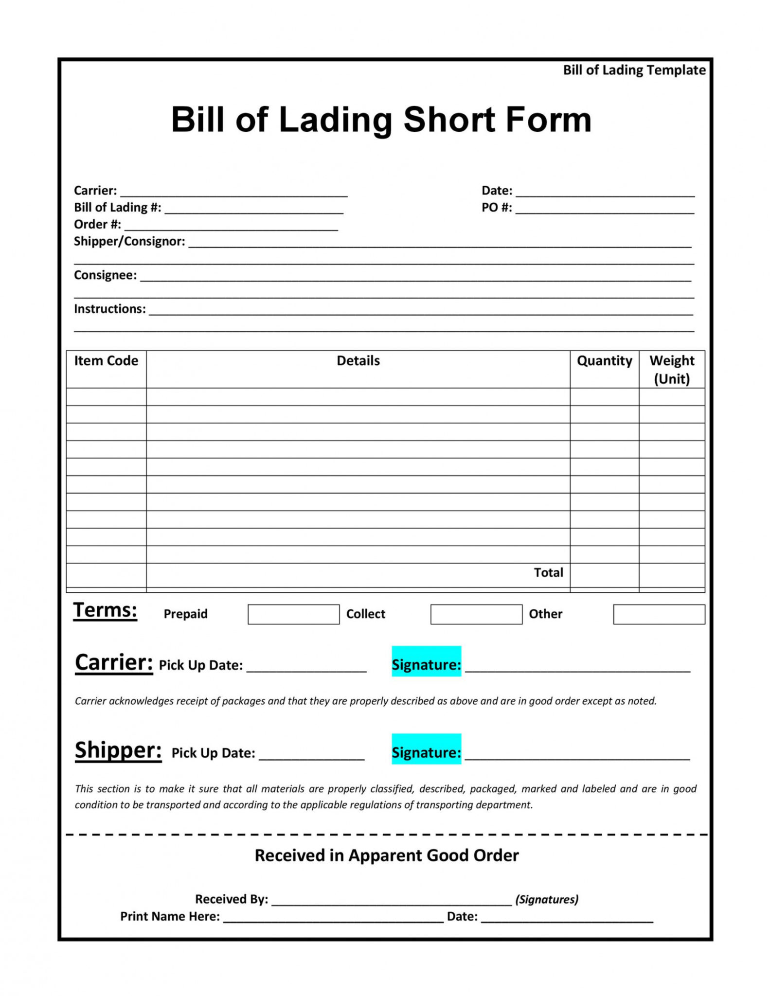 bill of lading form simple