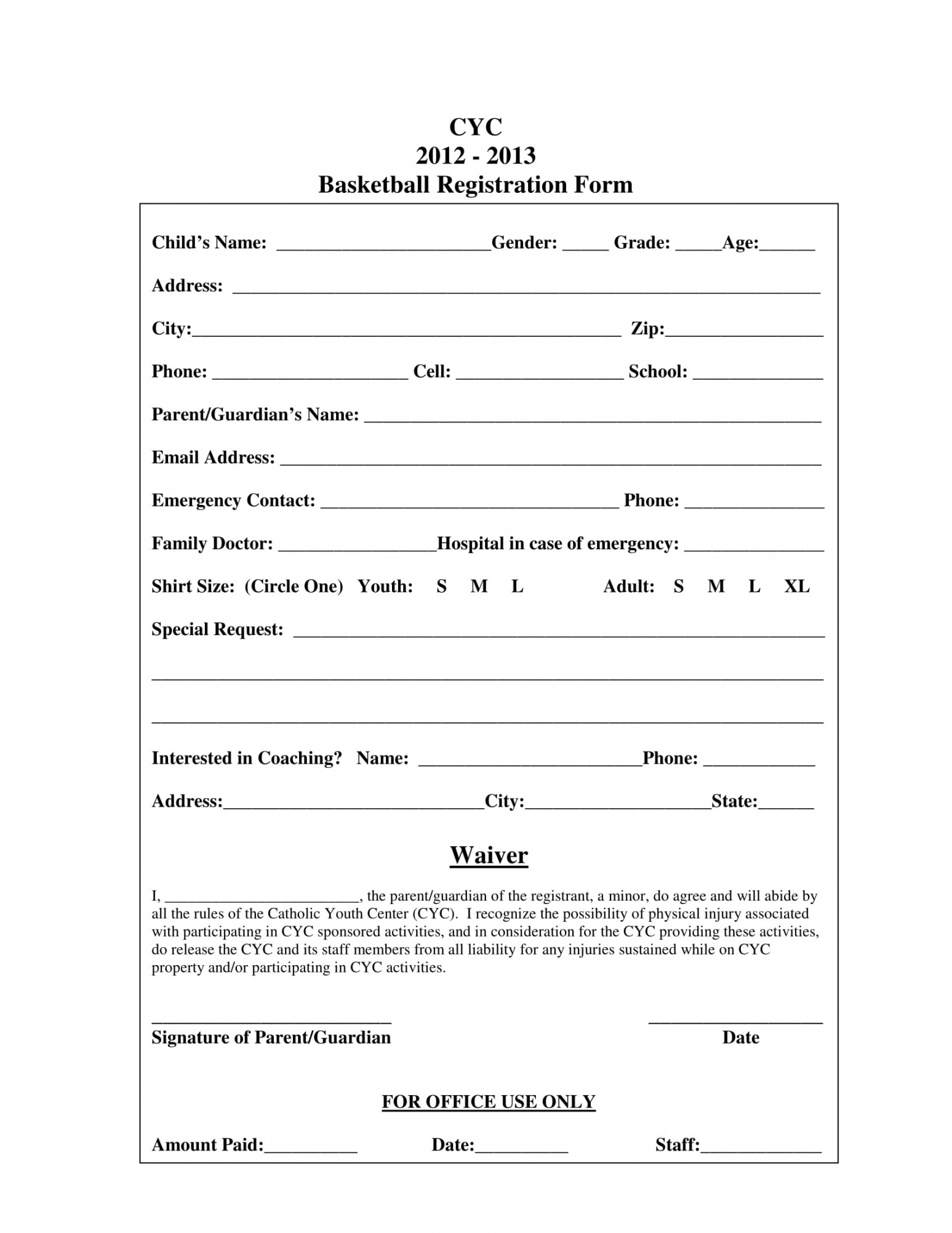Free Printable Basketball Registration Form Printable Forms Free Online