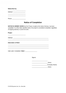 sample notice of completion general form  free template completion of work form template example