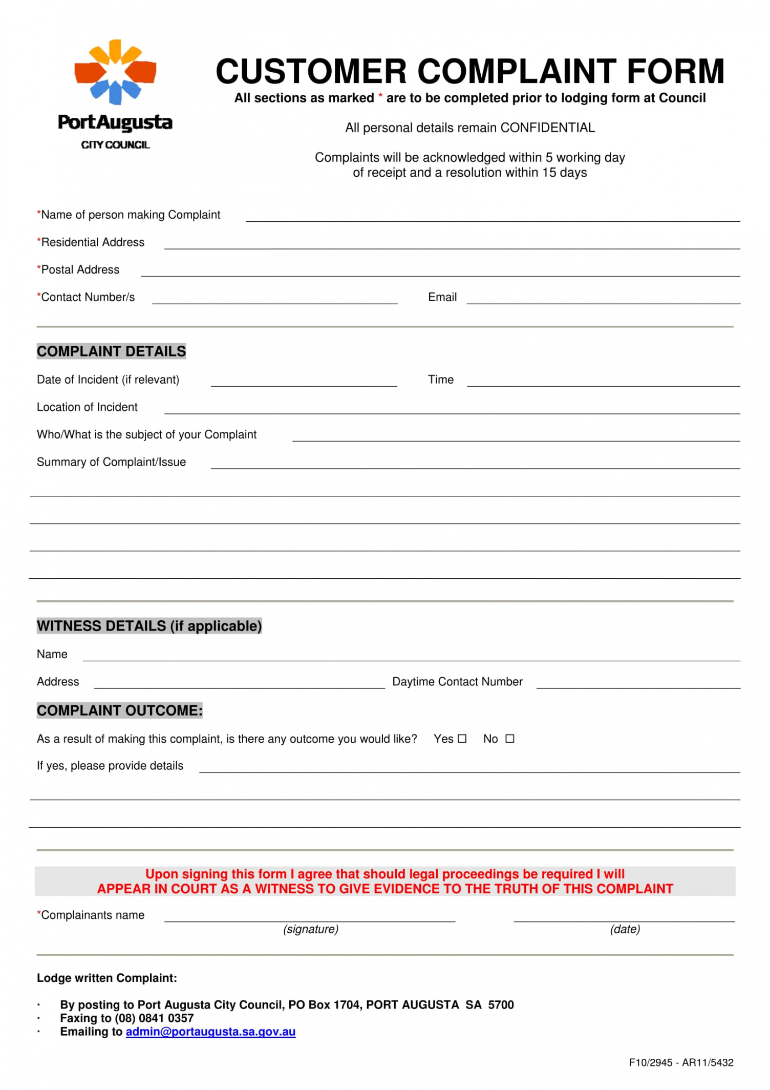 Customer Complaint Form Template