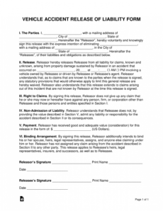 free car accident release of liability form settlement damage release form template word