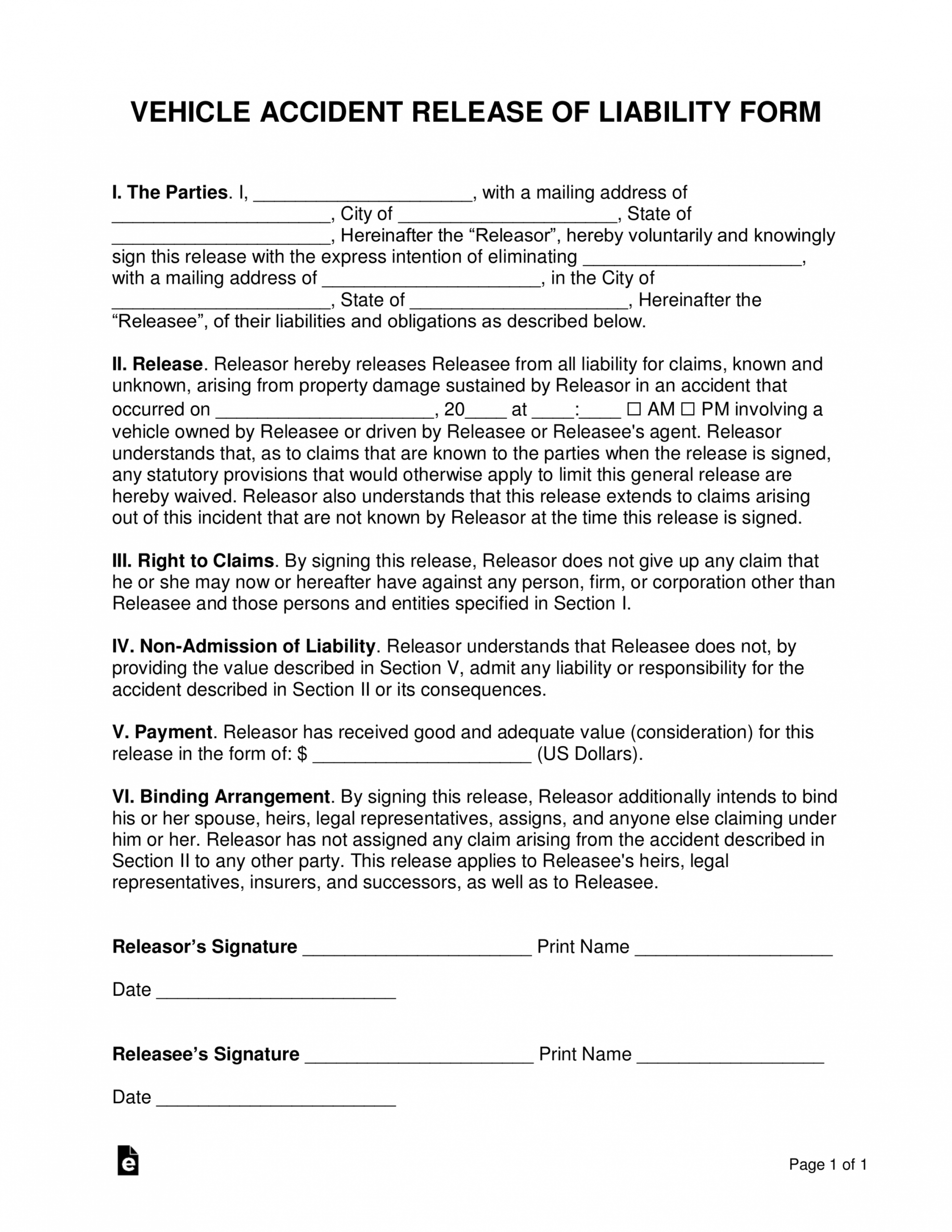 Damage Release Form Template