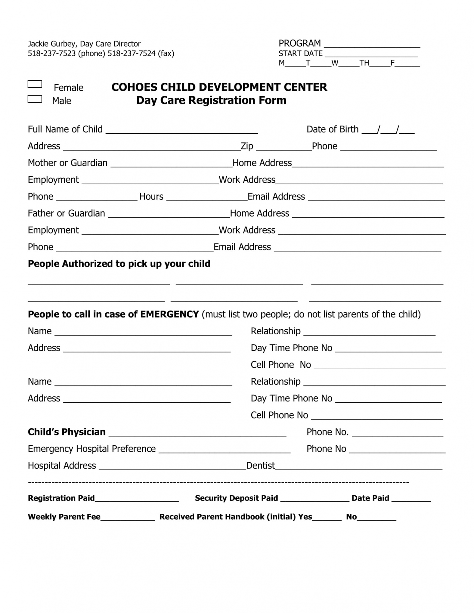 Free Daycare Registration Form Template Printable Templates
