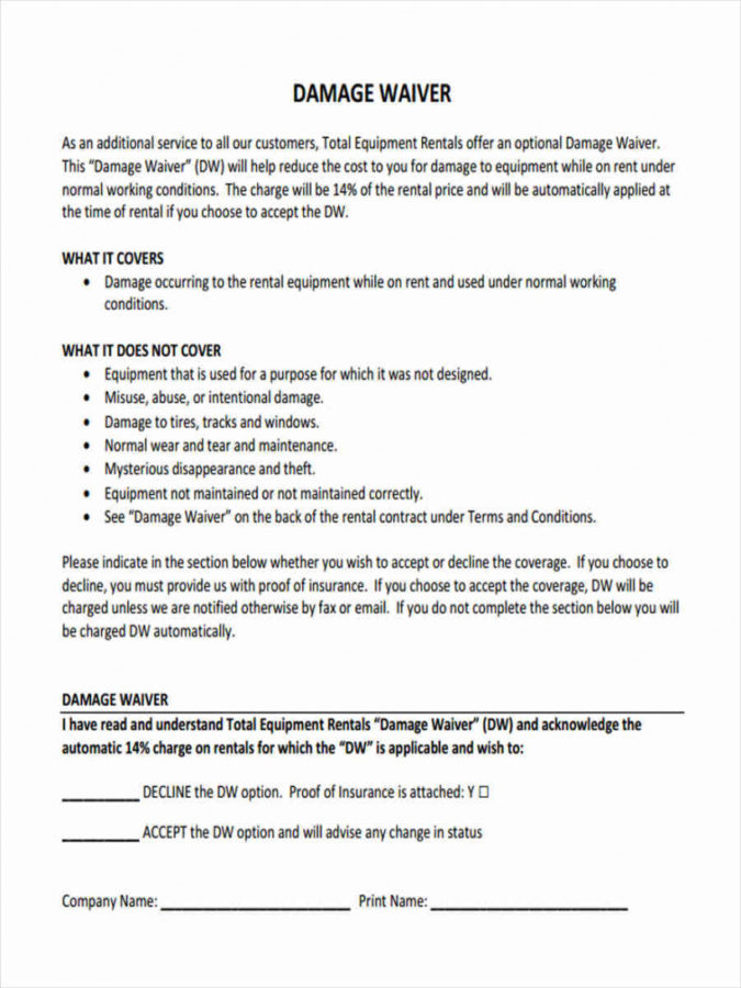 Sample Free 5 Sample Damage Waiver Forms In Ms Word Pdf Damage Release