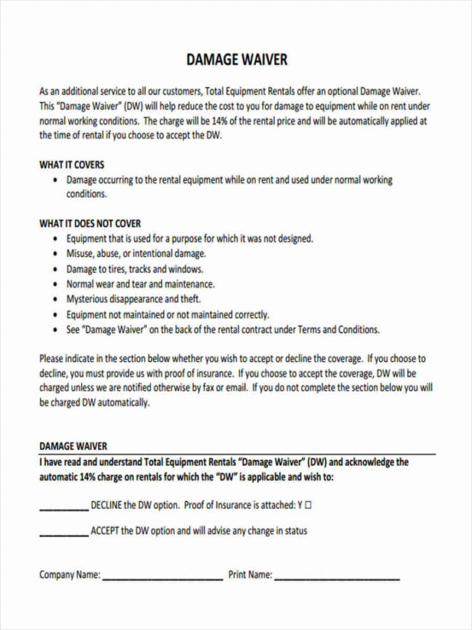 Sample Free 5 Sample Damage Waiver Forms In Ms Word Pdf Damage Release 