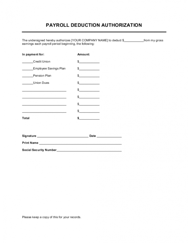 Payroll Deduction Authorization Form Template Free Sample Example