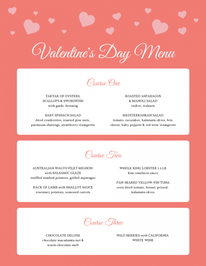 Sample Romantic Valentine's Day Pre Fixe Menu Template Valentines Day
