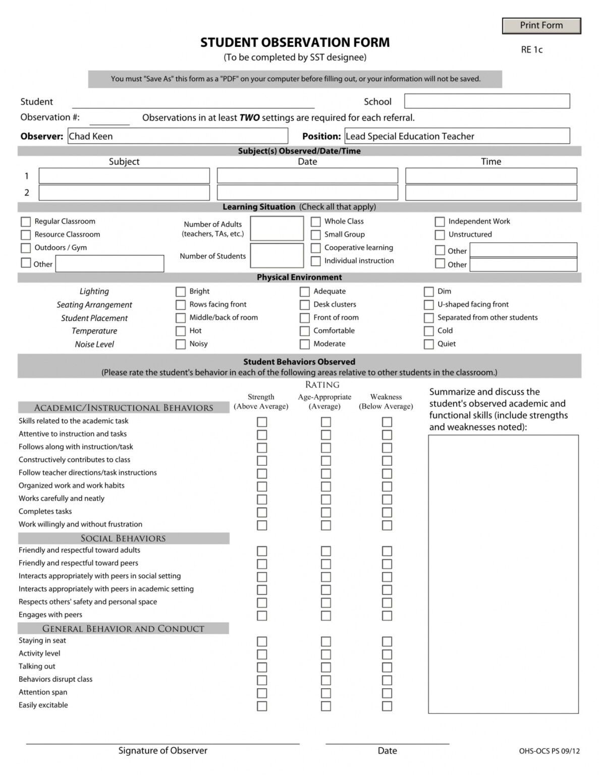 Student Observation Template