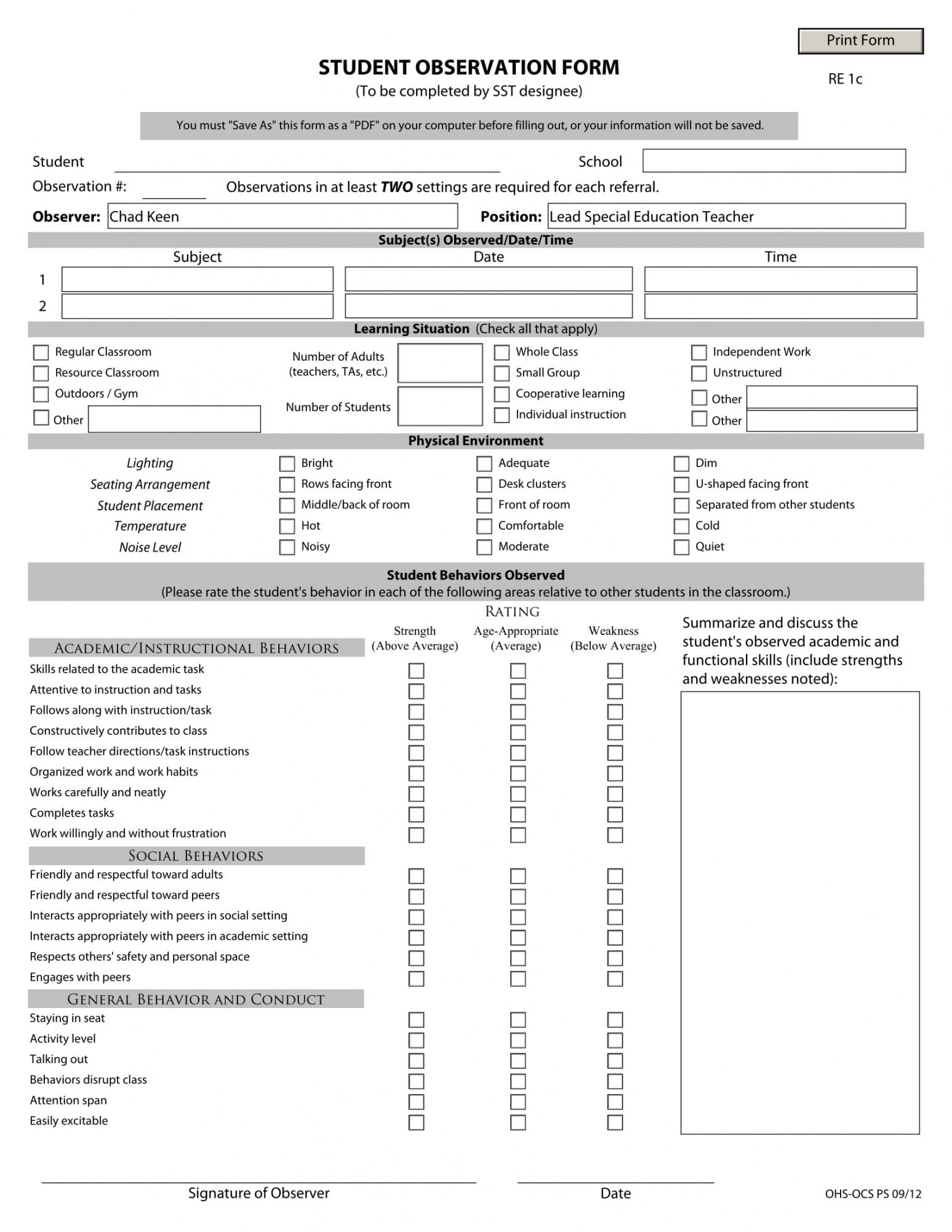 editable free 4 student observation forms in pdf  ms word  excel student observation form template word