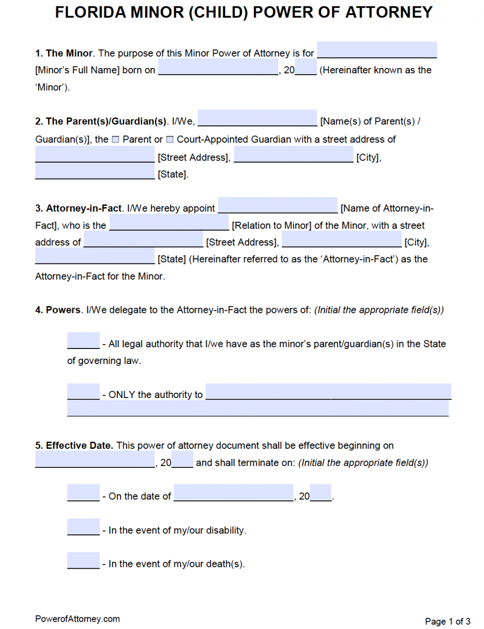 Free Florida Minor Power Attorney Forms In Fillable Pdf - Printable 