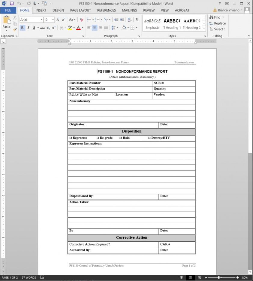 Non Conformance Form Template