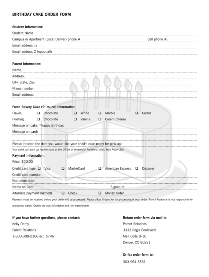 Blank Free Printable Cake Order Form Template