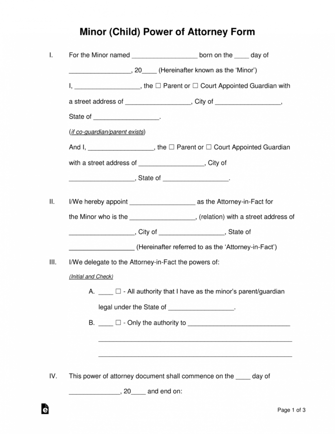 Free Minor Child Power Of Attorney Forms Pdf Word Eforms Power Of ...