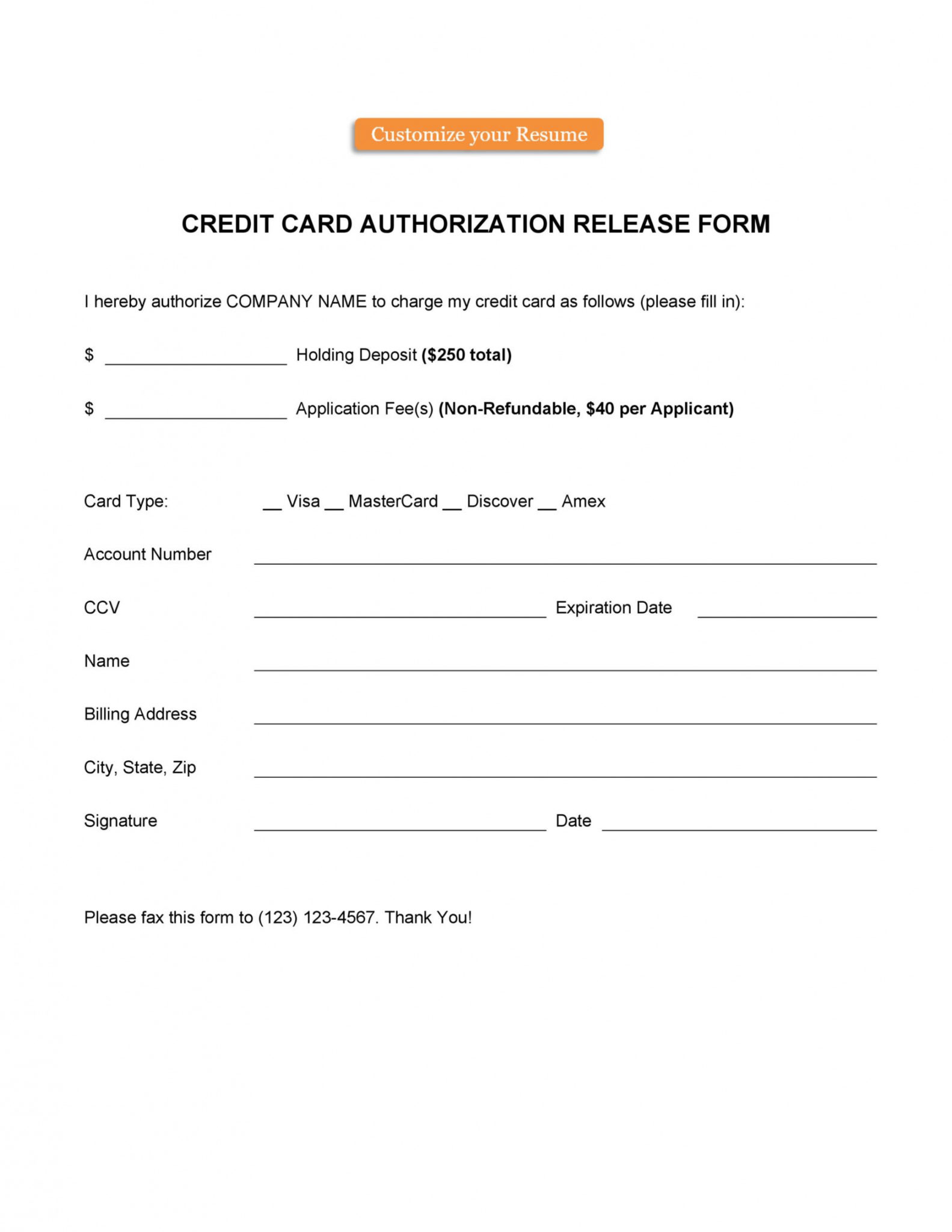 Hotel Credit Card Authorization Form Template