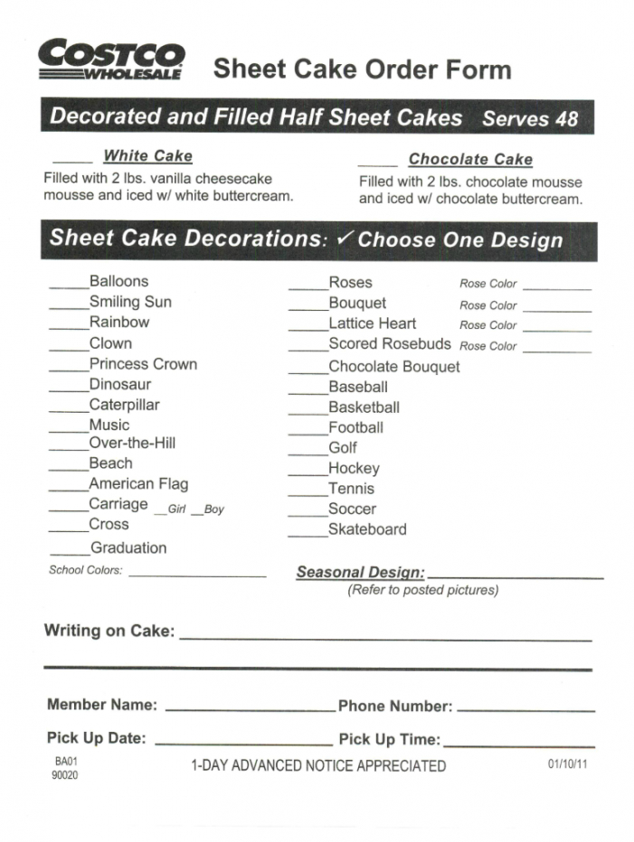 Printable Costco Cake Order Form - Printable World Holiday