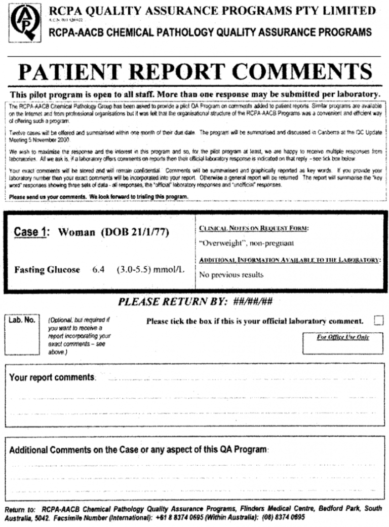 Printable Format Of A Typical Case Report Sent To Participants In The