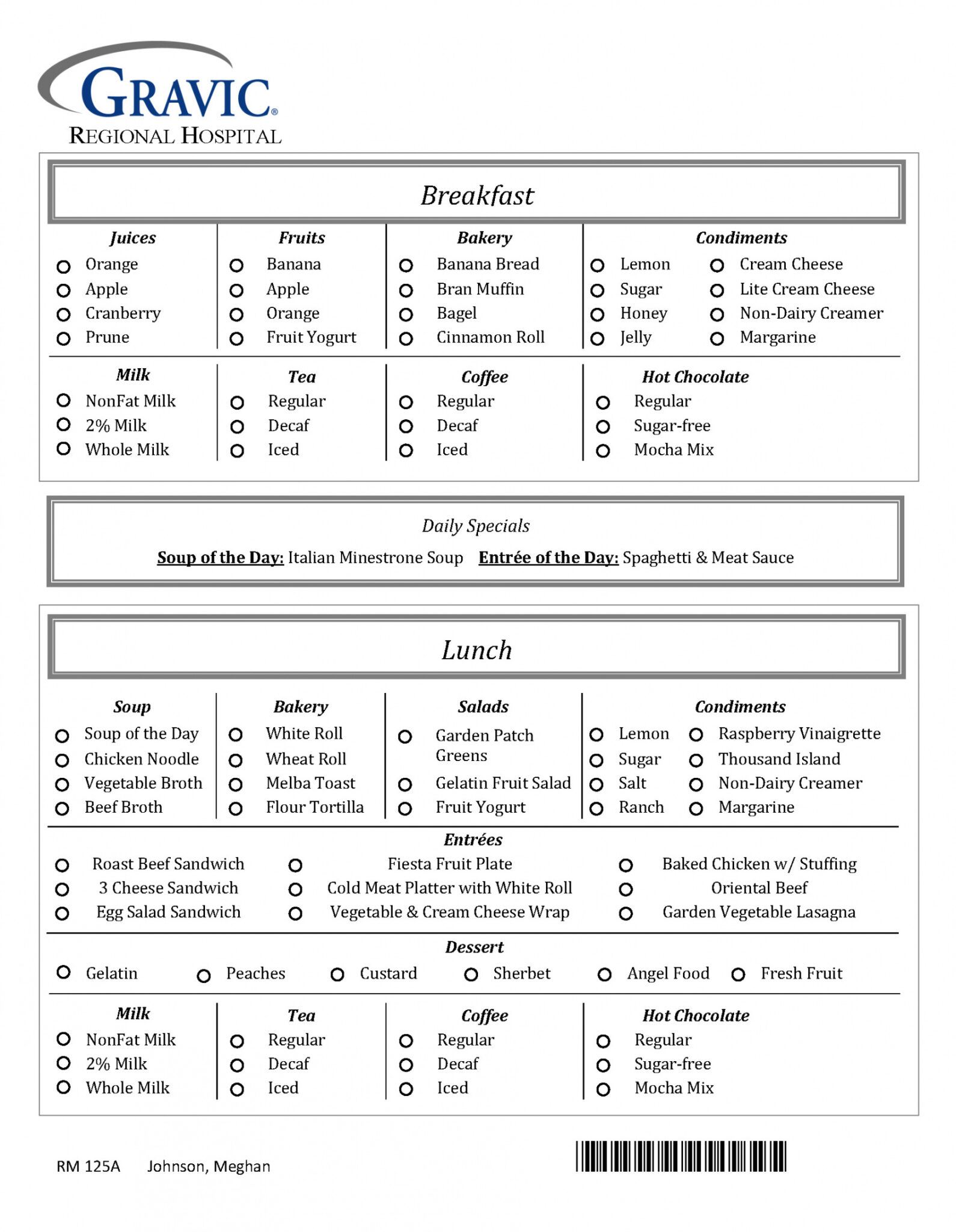 Printable Hospital Menu · Remark Software Hospital Patient Menu