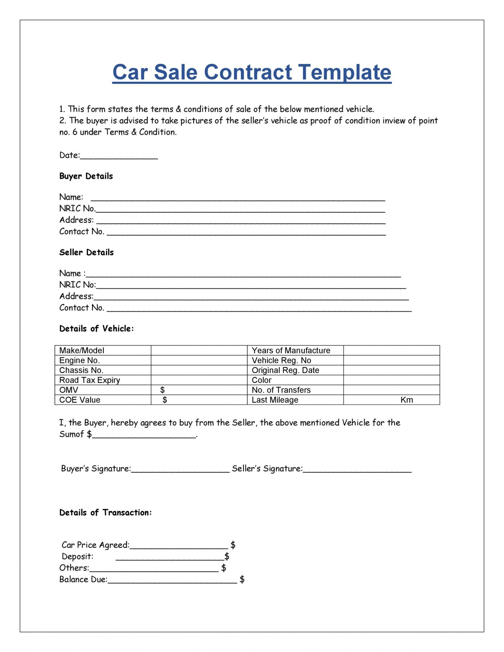 Vehicle Sale Agreement Format Word