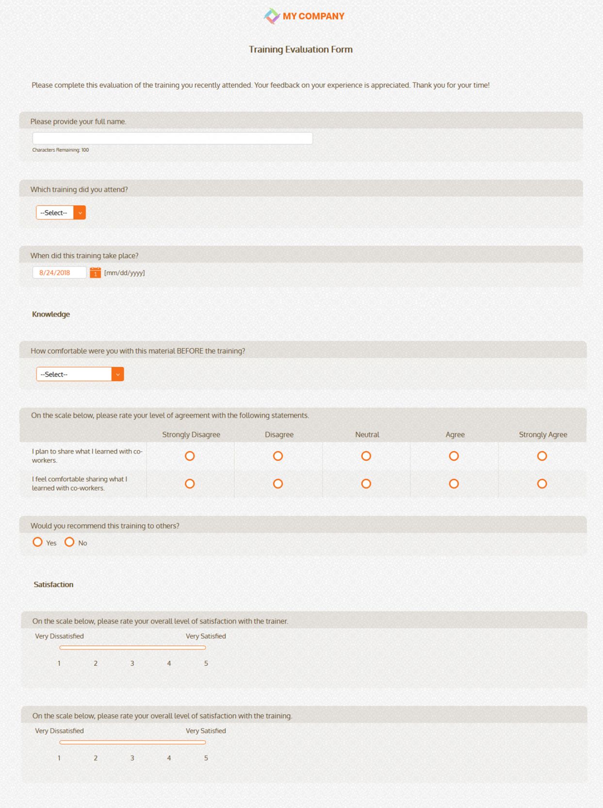 sample free training evaluation form template  feedback questions training assessment form template example