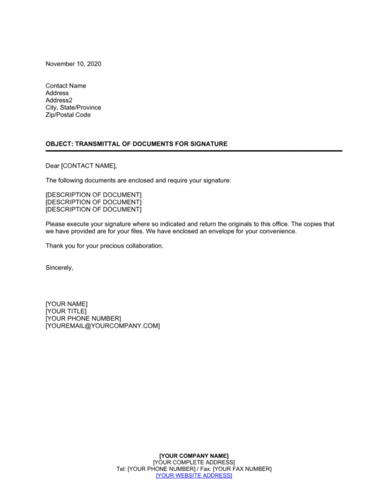 Sample Transmittal Of Documents For Signature Template Document Sample Transmittal Of Documents For Signature Template Document